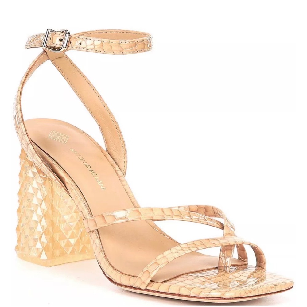 Antonio Melani Croc Leather Sandals Women 9M Tan Excellent Sculptural Block Heel